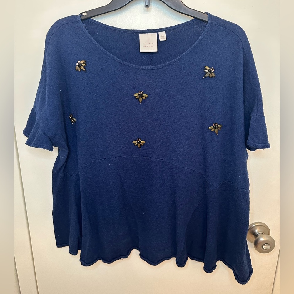 XL Lauren Conrad Peplum top with beaded dragon fly detail